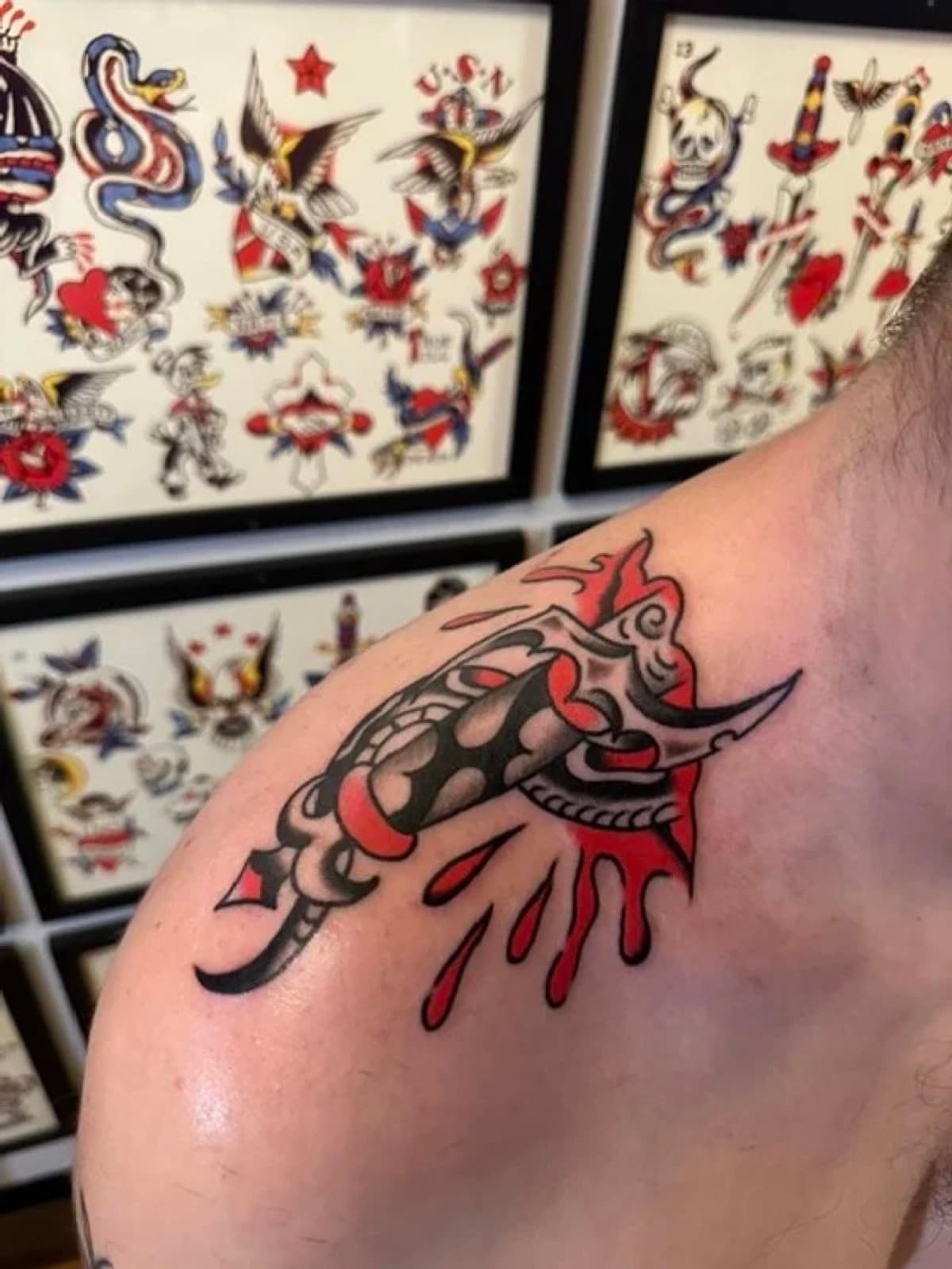 Traditional dagger and heart tattoo by Tony Vyeda Portland